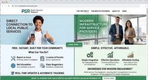 Split-screen webpage design for Public Service Request. The left column highlights direct public connections with options to report issues, request info, and get licenses. The right column emphasizes simple, effective, and affordable infrastructure for service providers.